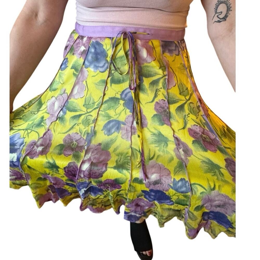 Vintage 90s Y2K 100% silk yellow midi skirt with purple floral